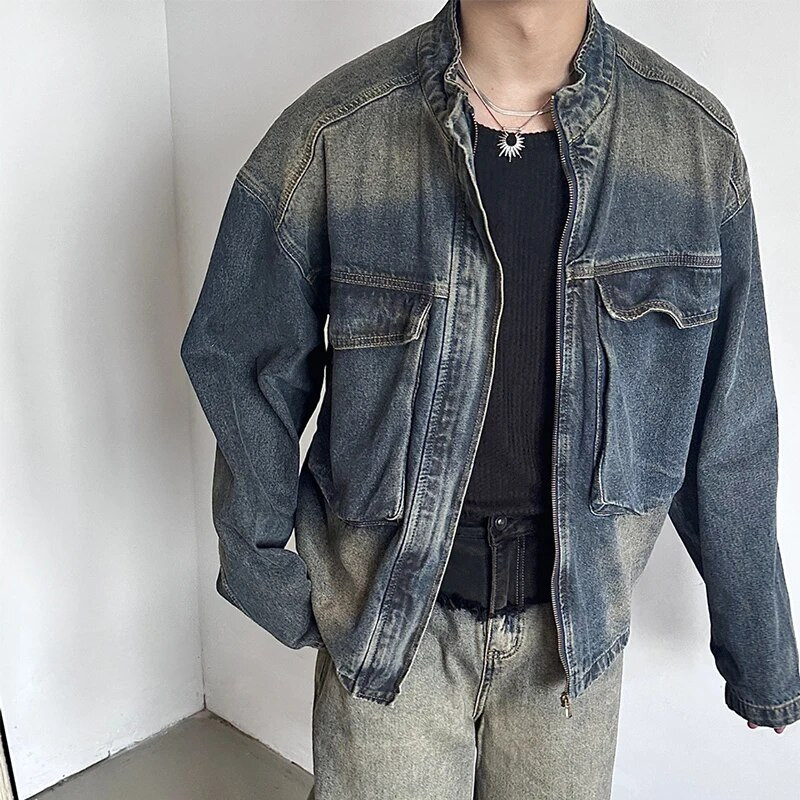 Jachete hip hop pentru bărbați de primăvară 2024 Îmbrăcăminte exterioară din denim, buzunare mozabile, haină de jeans pentru bărbați, cu guler de epocă, ținute cu fermoar