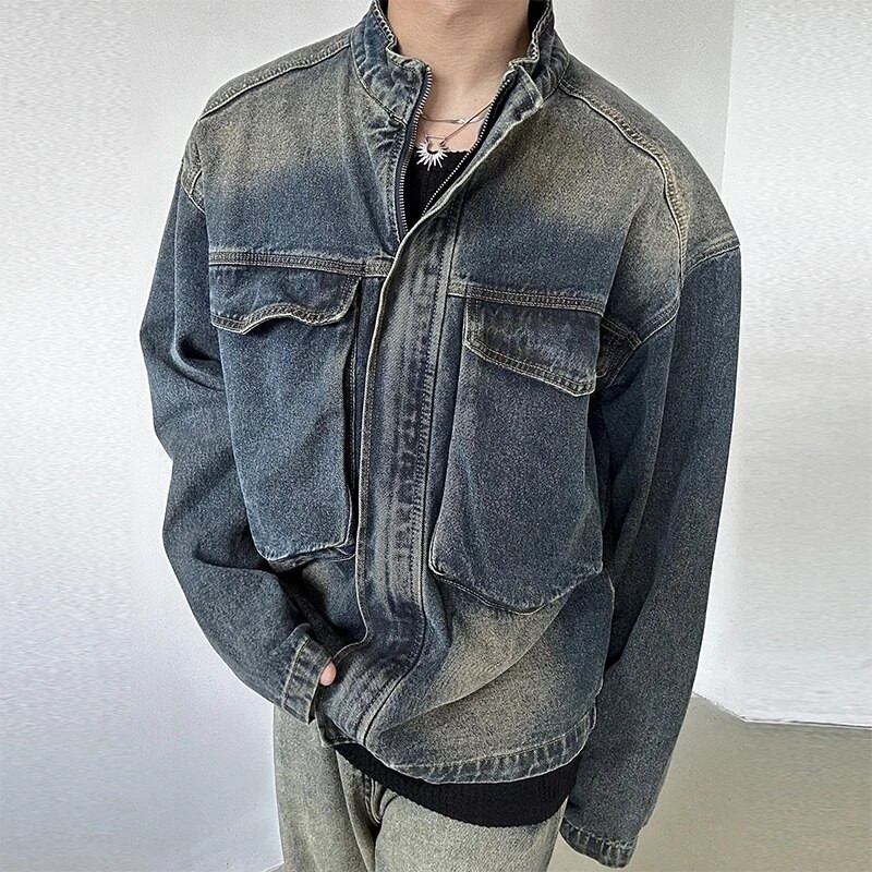 Jachete hip hop pentru bărbați de primăvară 2024 Îmbrăcăminte exterioară din denim, buzunare mozabile, haină de jeans pentru bărbați, cu guler de epocă, ținute cu fermoar