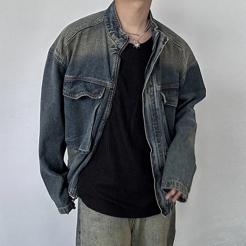 Jachete hip hop pentru bărbați de primăvară 2024 Îmbrăcăminte exterioară din denim, buzunare mozabile, haină de jeans pentru bărbați, cu guler de epocă, ținute cu fermoar