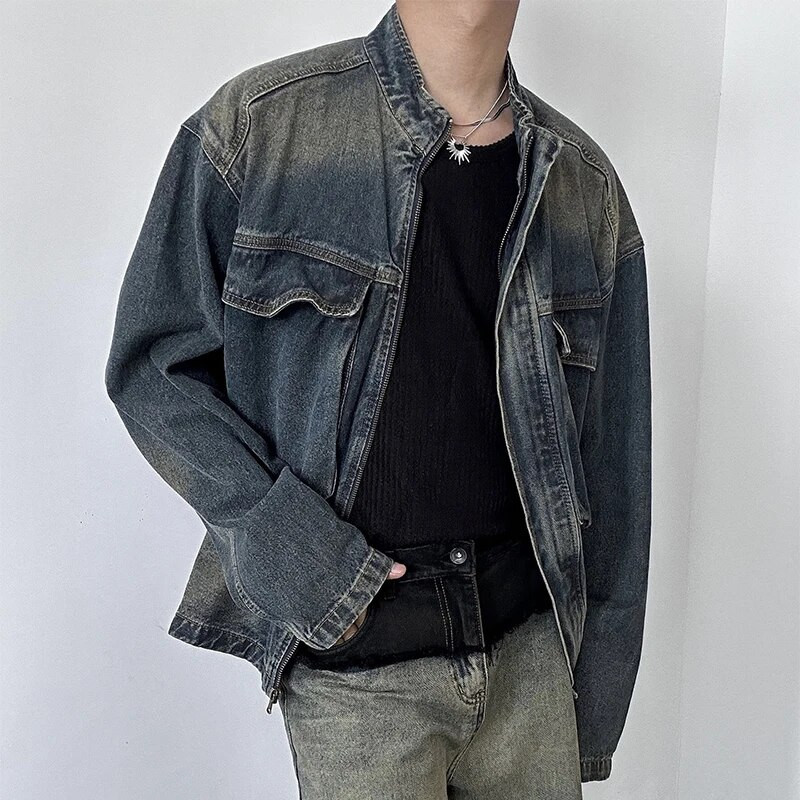 Jachete hip hop pentru bărbați de primăvară 2024 Îmbrăcăminte exterioară din denim, buzunare mozabile, haină de jeans pentru bărbați, cu guler de epocă, ținute cu fermoar
