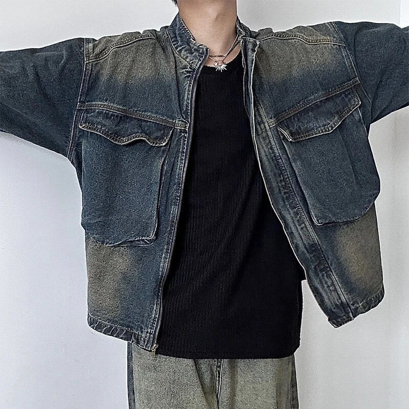 Jachete hip hop pentru bărbați de primăvară 2024 Îmbrăcăminte exterioară din denim, buzunare mozabile, haină de jeans pentru bărbați, cu guler de epocă, ținute cu fermoar