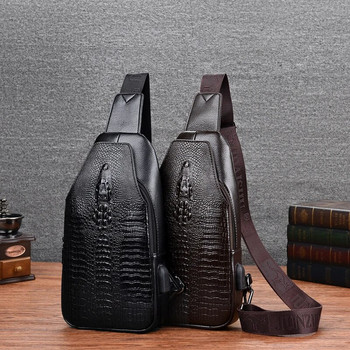 Ανδρικές τσάντες με μοτίβο κροκόδειλου Νέα ανδρική τσάντα στήθους Messenger τσάντα Pu δερμάτινη θήκη φόρτισης USB Casual τσάντες χιαστί