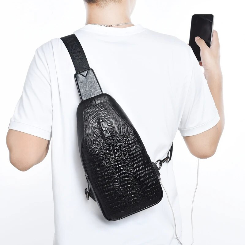 Ανδρικές τσάντες με μοτίβο κροκόδειλου Νέα ανδρική τσάντα στήθους Messenger τσάντα Pu δερμάτινη θήκη φόρτισης USB Casual τσάντες χιαστί