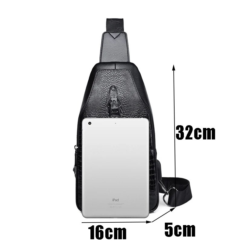 Ανδρικές τσάντες με μοτίβο κροκόδειλου Νέα ανδρική τσάντα στήθους Messenger τσάντα Pu δερμάτινη θήκη φόρτισης USB Casual τσάντες χιαστί