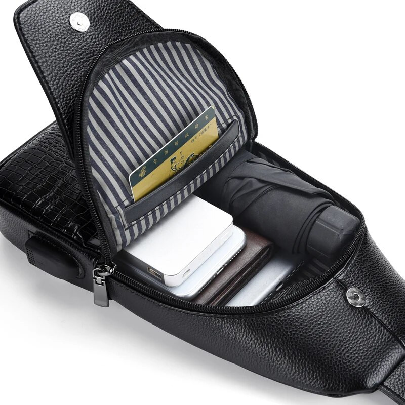 Ανδρικές τσάντες με μοτίβο κροκόδειλου Νέα ανδρική τσάντα στήθους Messenger τσάντα Pu δερμάτινη θήκη φόρτισης USB Casual τσάντες χιαστί