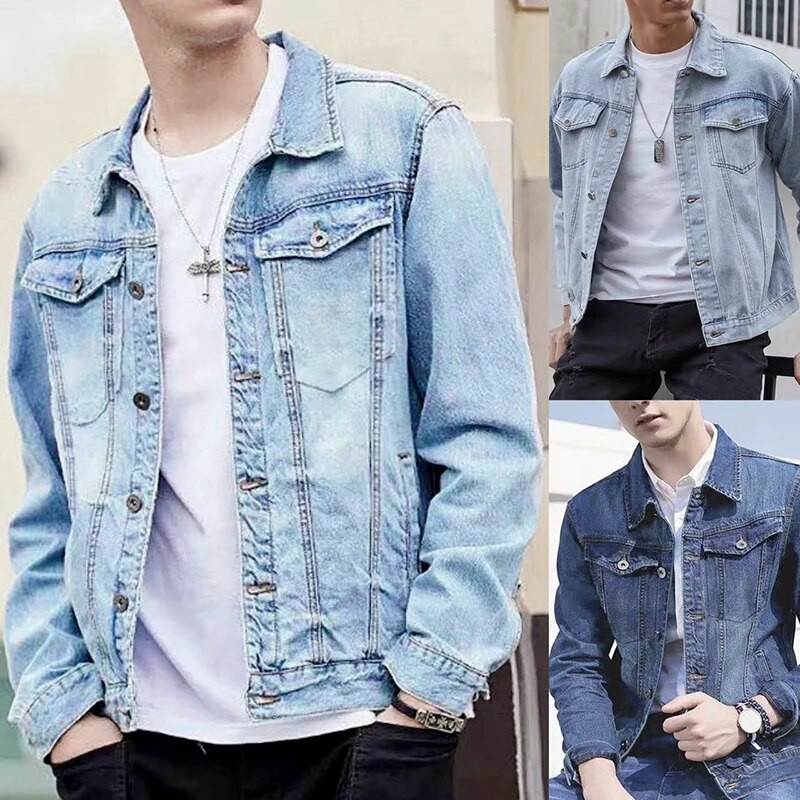 High Street Férfi kabátok Őszi hosszú ujjú egyszínű farmer dzsekik Férfi ruházat 2024 Vékony hajtóka gallér gombos farmer felsőruházat