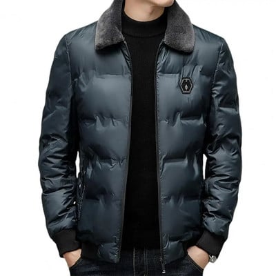Striukė su užtrauktuku Vyriška terminė striukė Stilingas vidutinio ilgio vyriškas pūkinis paltas su dirbtinio kailio atvartu, atsparus vėjui, rudeniui/žiemai