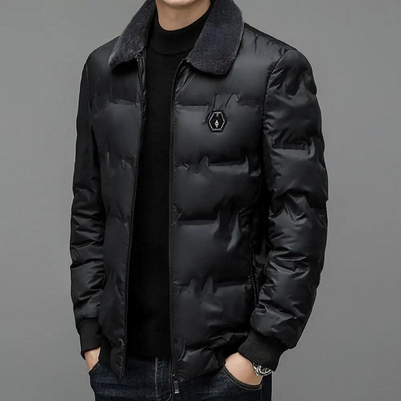 Striukė su užtrauktuku Vyriška terminė striukė Stilingas vidutinio ilgio vyriškas pūkinis paltas su dirbtinio kailio atvartu, atsparus vėjui, rudeniui/žiemai