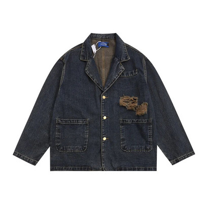 Szakadt, mosott, szorongatott farmerdzseki, férfi őszi, alkalmi, zsebes hajtóka, egysoros, hosszú ujjú férfi felsőruházat