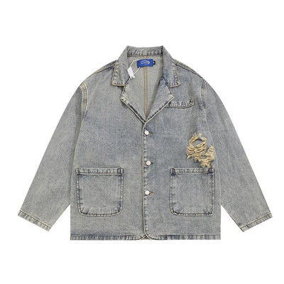 Szakadt, mosott, szorongatott farmerdzseki, férfi őszi, alkalmi, zsebes hajtóka, egysoros, hosszú ujjú férfi felsőruházat