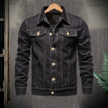 2023 Пролетни мъжки едноцветни дънкови якета с ревери Модни мотоциклетни дънкови якета Hommes Slim Fit Cotton Casual Black Blue Coats