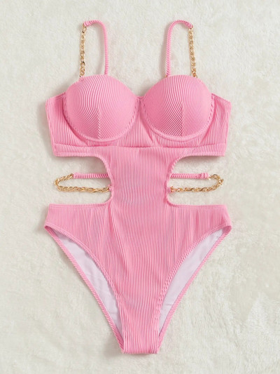 Dámske plavky s retiazkovým vzorom a push-up vzorom z roku 2024, jednodielne plavky s retiazkou, dámske vystrihnuté, monokini, plážové oblečenie