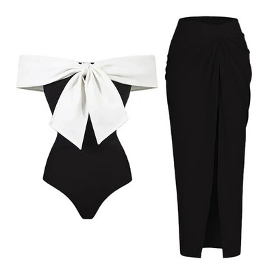2024-es fekete fehér, retro egyrészes fürdőruha Női csokornyakkendő fürdőruha szoknyával Szexi fürdőruha Monokini Beach Bodysuit Beach Wear