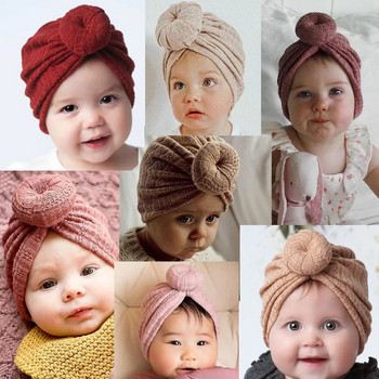 Прекрасна плетена бебешка шапка с поничка Сладка едноцветна шапка за бебета, момичета, момчета, тюрбан, мека шапка за новородено бебе, плетене на шапки, шапки за глава