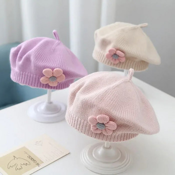 Едноцветна бебешка барета с цветя, зимна топла плетена шапка с шапка за бебета и момичета Корейска малка принцеса Художник Художник Шапки