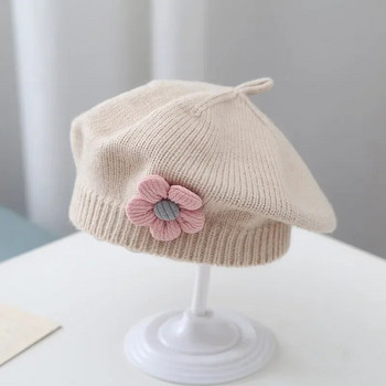 Едноцветна бебешка барета с цветя, зимна топла плетена шапка с шапка за бебета и момичета Корейска малка принцеса Художник Художник Шапки