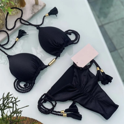 (17 spalvų) Vienspalvis pintas maudymosi kostiumėlis Daugiaspalvis bikinio dviejų dalių kostiumas specialus audinys Brazilijos moteriškas maudymosi kostiumėlis maudymosi kostiumėlis