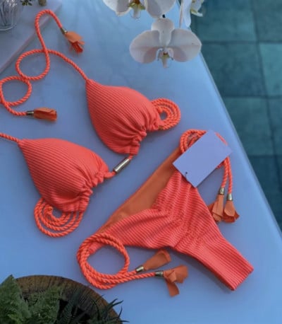 (17 spalvų) Vienspalvis pintas maudymosi kostiumėlis Daugiaspalvis bikinio dviejų dalių kostiumas specialus audinys Brazilijos moteriškas maudymosi kostiumėlis maudymosi kostiumėlis