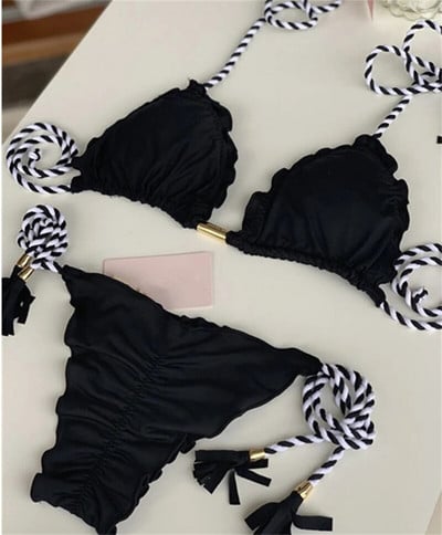 (17 spalvų) Vienspalvis pintas maudymosi kostiumėlis Daugiaspalvis bikinio dviejų dalių kostiumas specialus audinys Brazilijos moteriškas maudymosi kostiumėlis maudymosi kostiumėlis