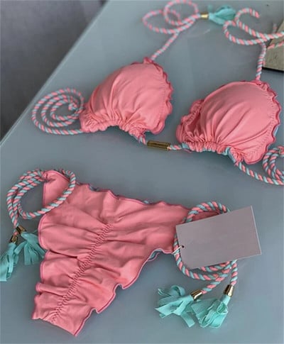 (17 spalvų) Vienspalvis pintas maudymosi kostiumėlis Daugiaspalvis bikinio dviejų dalių kostiumas specialus audinys Brazilijos moteriškas maudymosi kostiumėlis maudymosi kostiumėlis