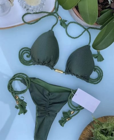 (17 spalvų) Vienspalvis pintas maudymosi kostiumėlis Daugiaspalvis bikinio dviejų dalių kostiumas specialus audinys Brazilijos moteriškas maudymosi kostiumėlis maudymosi kostiumėlis