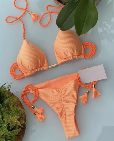 (17 spalvų) Vienspalvis pintas maudymosi kostiumėlis Daugiaspalvis bikinio dviejų dalių kostiumas specialus audinys Brazilijos moteriškas maudymosi kostiumėlis maudymosi kostiumėlis