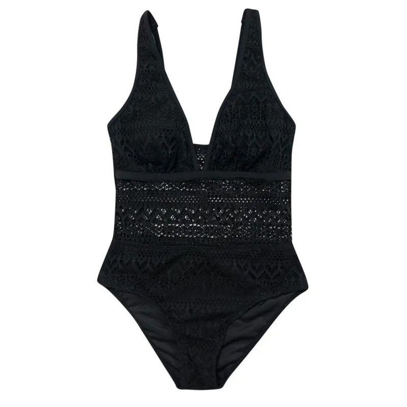 Dámske jednodielne sexy monokini, čierne, s vystuženým push-up strihom, s otvoreným chrbtom a vystuženým šnurovaním.