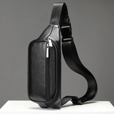 Luufan Мултифункционална мъжка чанта за гърди 2 Използвайте мъжка чанта с колан за едно рамо от естествена кожа, чанта за талията, слинг, чанта за гърди за мотоциклетисти, черна
