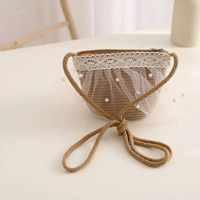 Moda de vară Copii Pălărie de paie Dantela Perla Bebeluș Fetiță Set Genți Călărie Protecție Soare Plajă Pălării Panama pentru 2-8 ani Copii