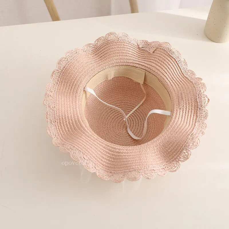 Moda de vară Copii Pălărie de paie Dantela Perla Bebeluș Fetiță Set Genți Călărie Protecție Soare Plajă Pălării Panama pentru 2-8 ani Copii