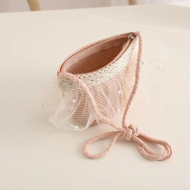 Moda de vară Copii Pălărie de paie Dantela Perla Bebeluș Fetiță Set Genți Călărie Protecție Soare Plajă Pălării Panama pentru 2-8 ani Copii