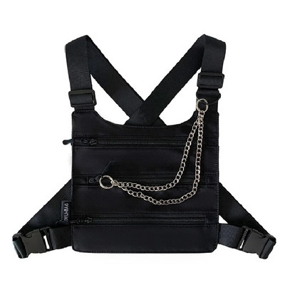 Hip Hop utcai viselet, uniszex mellkasi csomag, funkcionális férfi taktikai mellény mellkasi táskák fémlánccal divatos vászon derékcsomag férfi
