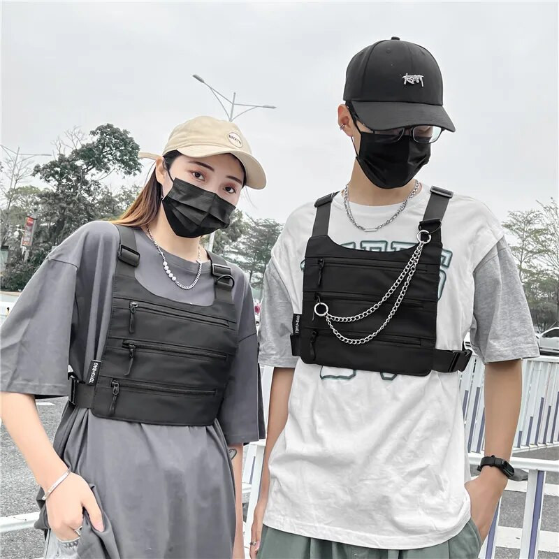 Taktiniai funkciniai krūtinės krepšiai vyrams Gatvės berniukų hip-hop taktinė liemenė Jaunų vyrų krūtinės komplektai Madingi drobiniai vyriški krepšiai