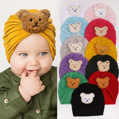 Csomós baba sapkák lányoknak Beanie Cute Bear fejpánt csecsemő turbán sapka újszülött haj Kiegészítők Téli meleg motorháztetős gyereksapkák