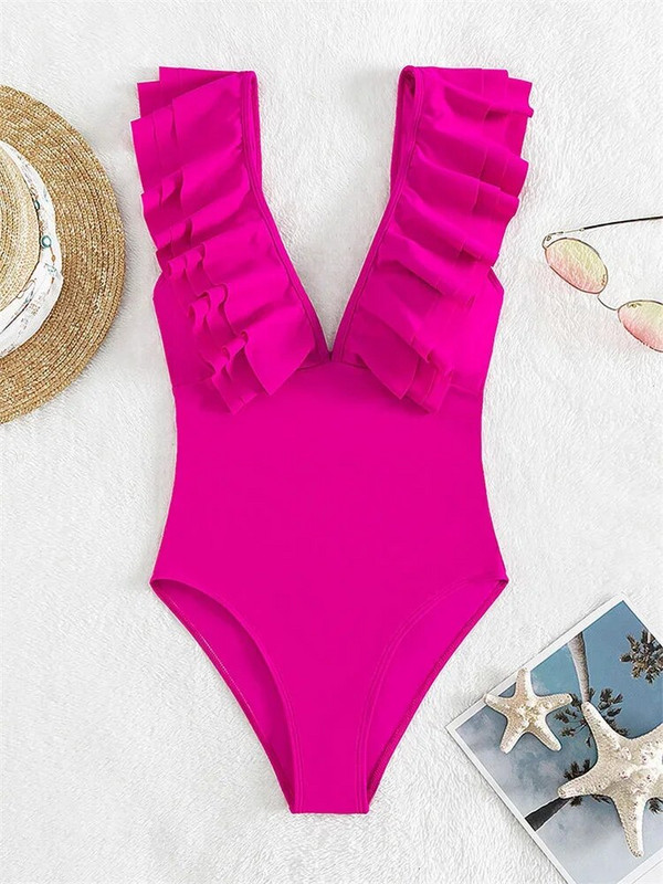 Sexy plavky s volánikmi pre ženy, jednofarebné, ružové, s výstrihom do V, s kontrolou brucha, monokini, letné plavky 2024 s odhaleným chrbtom, jednodielne plavky