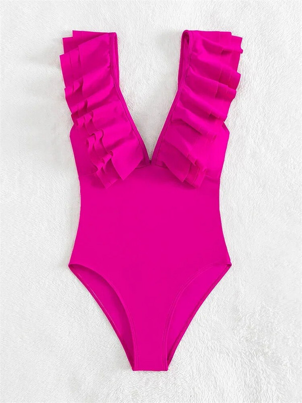 Sexy plavky s volánikmi pre ženy, jednofarebné, ružové, s výstrihom do V, s kontrolou brucha, monokini, letné plavky 2024 s odhaleným chrbtom, jednodielne plavky