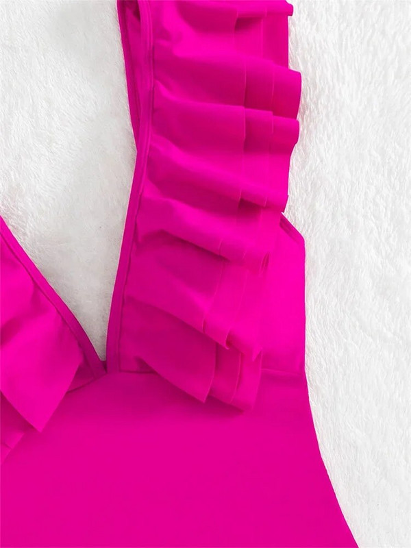 Sexy plavky s volánikmi pre ženy, jednofarebné, ružové, s výstrihom do V, s kontrolou brucha, monokini, letné plavky 2024 s odhaleným chrbtom, jednodielne plavky