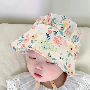 Сладки бебешки момичета Шапка за слънце за 3-20M Нова лятна тънка щампа Princess Bucket Hats Сенник Шапка с острие Шапка на открито Palace Hat Корейски стил