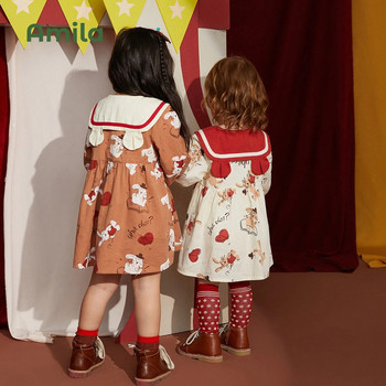 Бебешка рокля Amila 2023 Пролет Нов академичен стил А-силует Рокли с дълги ръкави за момичета Детски дрехи със сладък анимационен принт