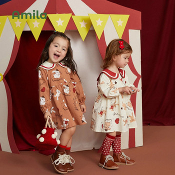 Бебешка рокля Amila 2023 Пролет Нов академичен стил А-силует Рокли с дълги ръкави за момичета Детски дрехи със сладък анимационен принт