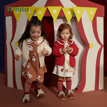 Amila Βρεφικό Φόρεμα 2023 Άνοιξη Νέο Ακαδημαϊκό Στυλ Μακρυμάνικα Φορέματα Α σε γραμμή για κορίτσια Χαριτωμένα παιδικά ρούχα με στάμπα κινουμένων σχεδίων