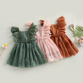 Pudcoco Rochie din dantelă de vară pentru nou-născut pentru bebeluși, rochie cu mâneci cu volane, fără spate, culoare uni, rochie pentru sugari 0-24M