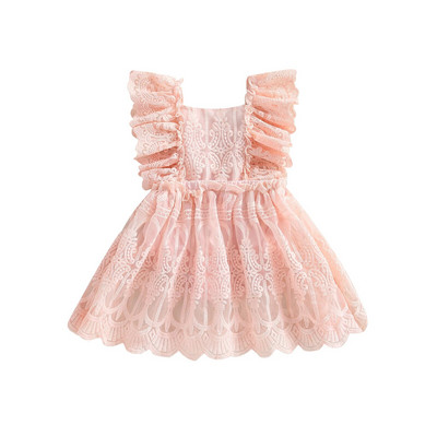 Pudcoco Rochie din dantelă de vară pentru nou-născut pentru bebeluși, rochie cu mâneci cu volane, fără spate, culoare uni, rochie pentru sugari 0-24M