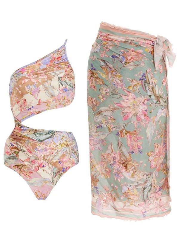 Vintage jednoramenné farebné blokové kvetinové plavky a zakrývacia súprava, brazílske plavky, letné plážové oblečenie