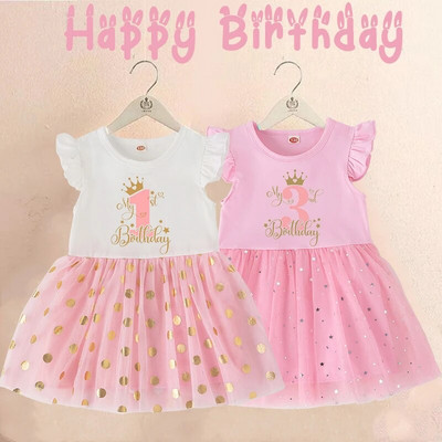My 1st Birthday Little Girls Pink Dress Kid Princess Tutu Dresses Бебешки партита за рожден ден Екипи за малки деца с къс ръкав златна звезда на точки