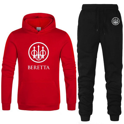 Vyriškas sportinis kostiumas su gobtuvu Beretta Logo Spausdinti laisvalaikio džemperis + kelnės 2 vnt., vilnos, aukštos kokybės unisex sportinės aprangos bėgimo kostiumas