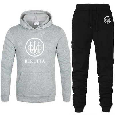 Vyriškas sportinis kostiumas su gobtuvu Beretta Logo Spausdinti laisvalaikio džemperis + kelnės 2 vnt., vilnos, aukštos kokybės unisex sportinės aprangos bėgimo kostiumas