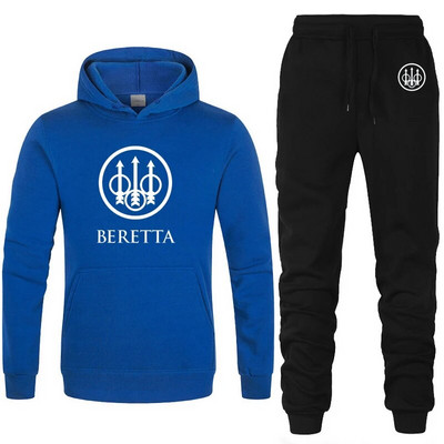 Vyriškas sportinis kostiumas su gobtuvu Beretta Logo Spausdinti laisvalaikio džemperis + kelnės 2 vnt., vilnos, aukštos kokybės unisex sportinės aprangos bėgimo kostiumas