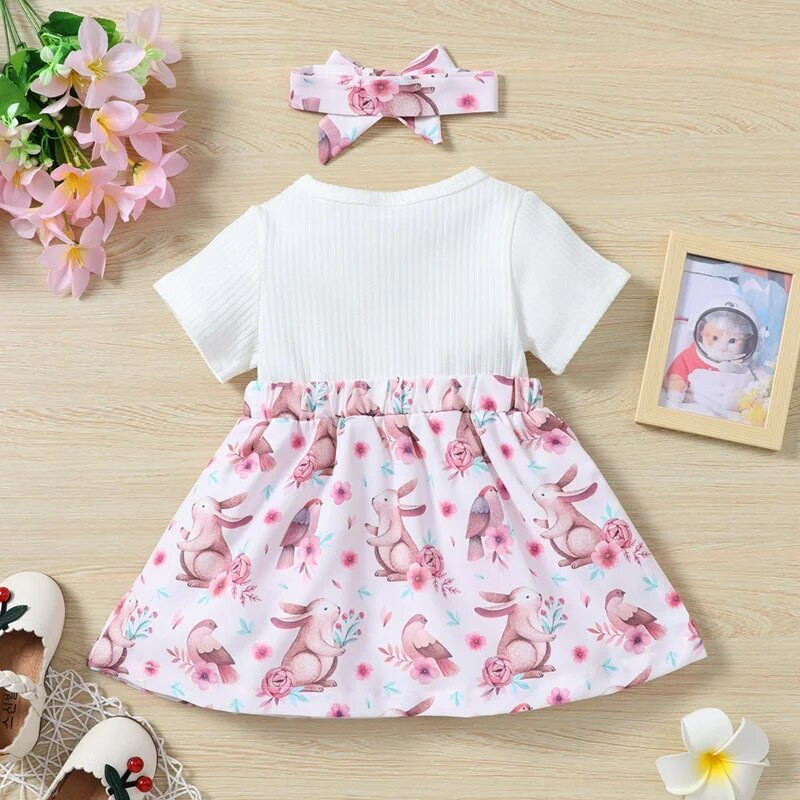 Naujagimių suknelės netikros 2 dalių kūdikių vasariniai drabužiai Mieli gyvūnai, triušis trumpomis rankovėmis, mergaičių suknelė + galvos juosta, festivalis 0-3 m.