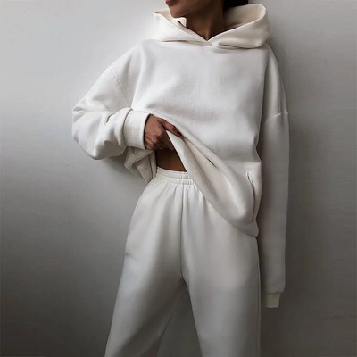 Trening pentru femei, ocazional, fitness, cu glugă, costum sport cu mânecă lungă, toamnă, iarnă, hanorace caldă, pantaloni lungi, fleece, seturi de 2 piese